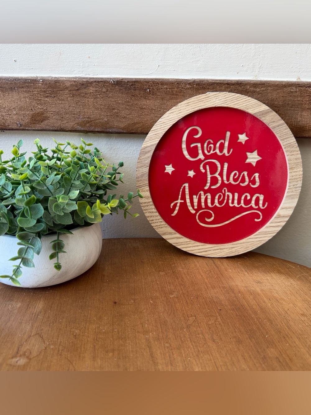 Hobby Lobby Red and Natural Wood "God Bless America" Round Sign